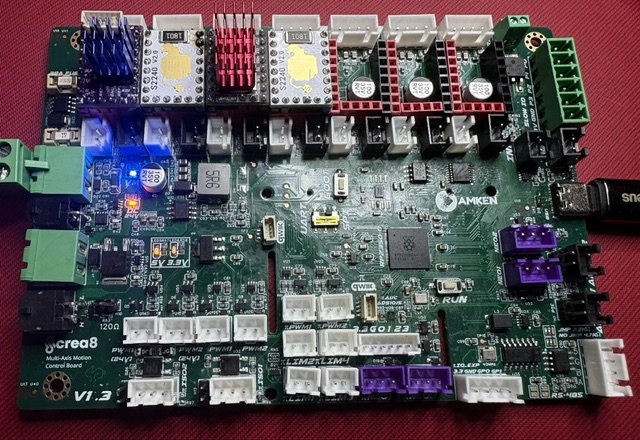 Amken crea8 V1.3 multi-axis motion control board running ticktrace firmware on an RP2350